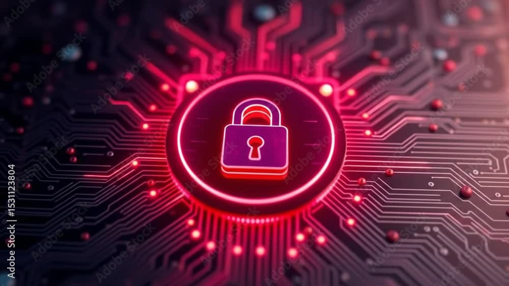Poster digital security hologram of virtual key icon on circuit board. financial data privacy concept and v