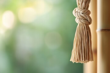 A rope is tied to a bamboo object, which is hanging from a tree., with ample copy space for text.