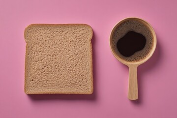Slice of bread and coffee on pink