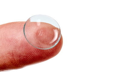 Contact Lens on finger phalanx isolated on white close up shot 16x9 with copy space.