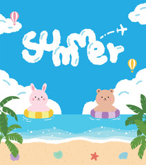 A cute summer illustration with a bunny and bear floating on inflatable rings in the sea. Beach scene with clouds with the word 'Summer' in them, seashells, starfish and tropical leaves.