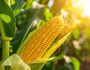 Golden corn cob in sunlit field during harvest season