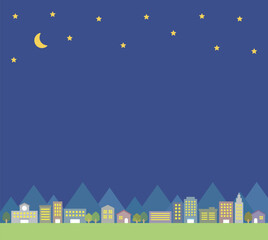 Night city and town landscape background. There are stars and moon in the night sky, and there are buildings, schools, houses, trees and street trees in the town.