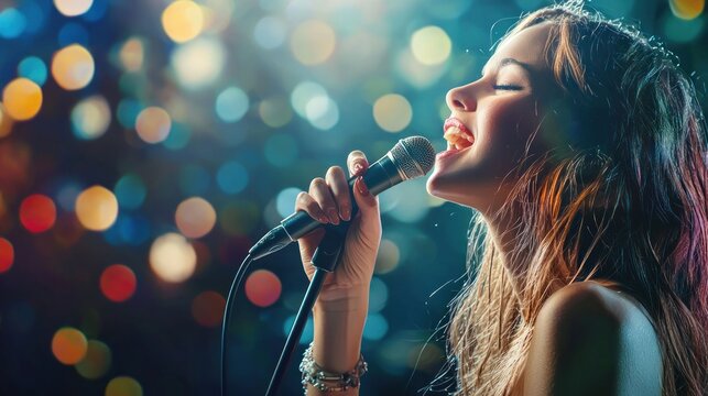 A woman singing into a microphone on a stage with colorful lights in the background.
