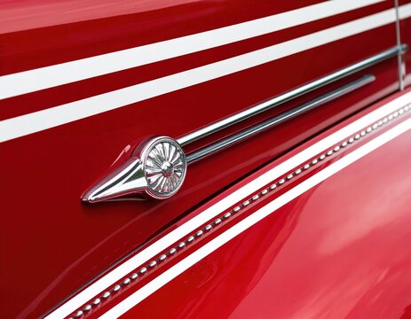 Fototapeta Classic red vintage car detail with chrome trim on hood