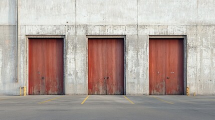 Three red doors with yellow stripes on a concrete wall.