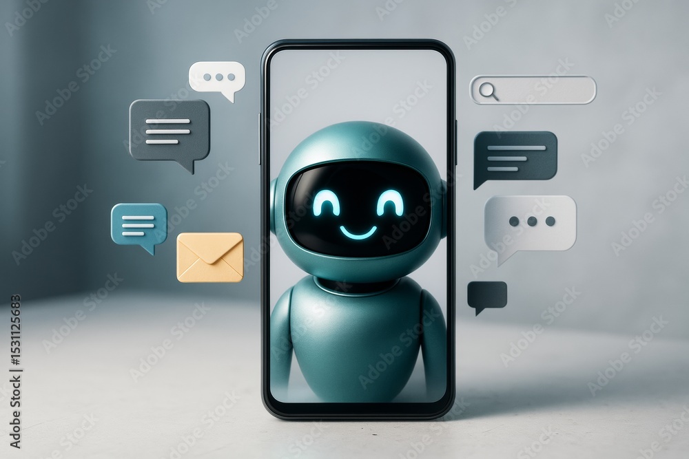 Poster Friendly chatbot character displayed on smartphone screen surrounded by floating message icons on a soft gradient background. Ai generative.