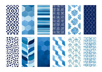 Collection of blue and white geometric and floral patterns on tiles on transparent background, PNG