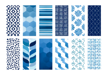 Collection of blue and white geometric and floral patterns on tiles on transparent background, PNG