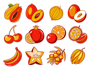 Collection of Colorful Cartoon Fruit Illustrations on White and Black Backgrounds