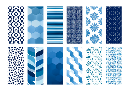 Collection of blue and white geometric and floral patterns on tiles on transparent background, PNG - Powered by Adobe