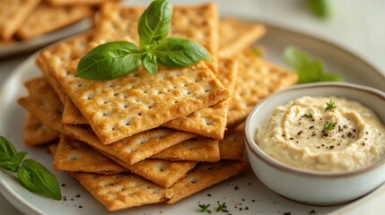 Crackers and dip stacked and served
