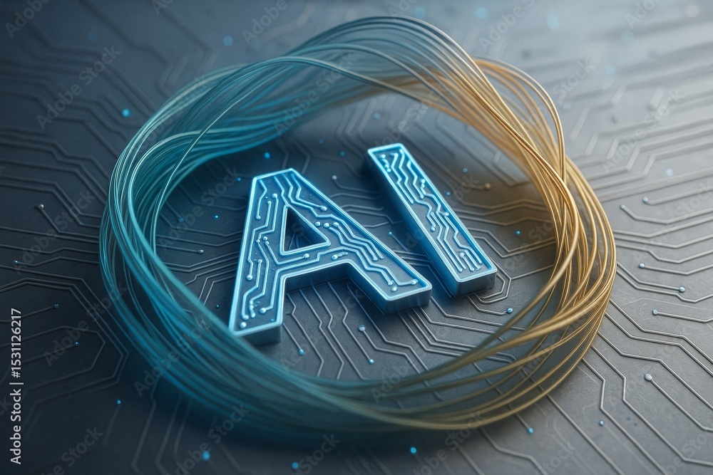 Poster futuristic ai letters with glowing circuits and fiber optics on a tech-inspired motherboard backgrou