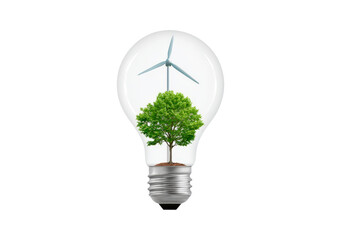 Eco innovation: tree and wind turbine inside light bulb symbolizing renewable energy on transparent background, PNG
