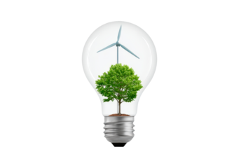 Eco innovation: tree and wind turbine inside light bulb symbolizing renewable energy on transparent background, PNG