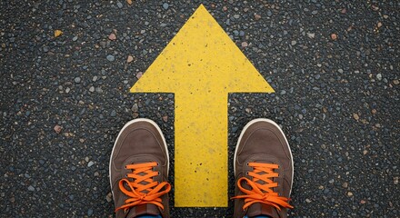 Brown Shoes Facing Forward Yellow Arrow Road