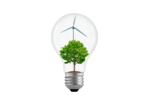 Eco innovation: tree and wind turbine inside light bulb symbolizing renewable energy on transparent background, PNG