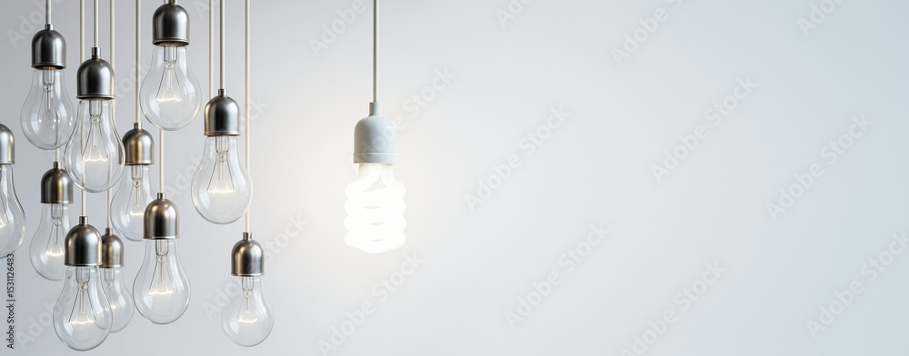 Poster one glowing cfl bulb among many traditional bulbs on white background symbolizing innovation and tec