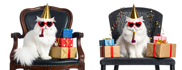 Stylish cat sitting on birthday chair with sunglasses and party horn Transparent Background PNG