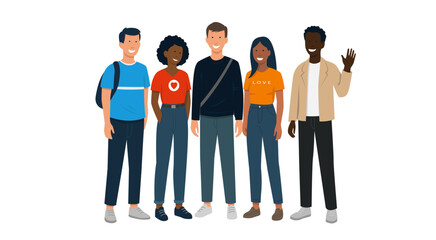 Illustration vectorielle montrant un groupe de jeunes adultes ou adolescents, hommes et femmes, d'origine ethnique différente, illustrant la diversité.