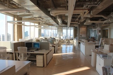 Modern, open-plan office space with city views