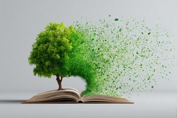 Open book with a vibrant green tree, leaves dispersing