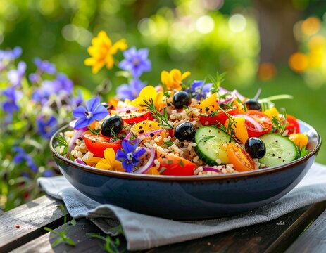 Salade de riz estivale avec tomates cerises, concombres, olives noires, fleurs comestibles, huile d'olive, &eacute;pices et plantes aromatiques sur une terrasse de jardin. Generated image