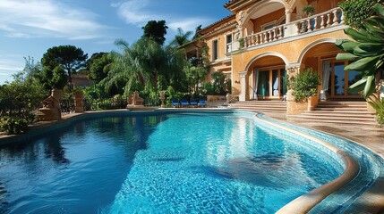 A luxurious mansion with Mediterranean architecture features a large, inviting swimming pool surrounded by lush greenery and clear blue skies.