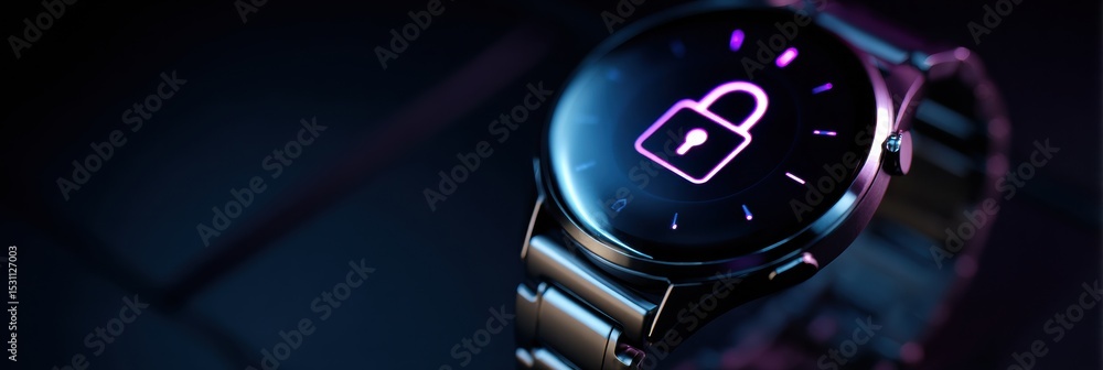 Poster smartwatch displaying gps and privacy lock symbols glowing under soft lighting in a modern setting