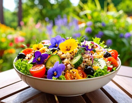 Salade de riz estivale avec tomates cerises, concombres, olives noires, fleurs comestibles, huile d'olive, &eacute;pices et plantes aromatiques sur une terrasse de jardin. Generated image