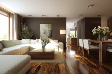 Modern open concept living room with hardwood floors and white sectional sofa home interior design ideas