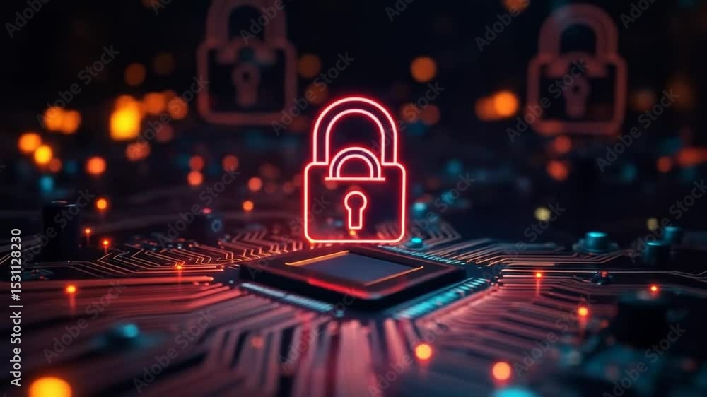 Poster digital security hologram of virtual key icon on circuit board. financial data privacy concept and v
