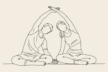 A simple line art drawing of a couple practicing a yoga pose, emphasizing a harmonious connection between them