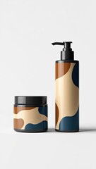 Mockup of Cream Jar and Pump Bottle with Abstract Brown and Blue Design