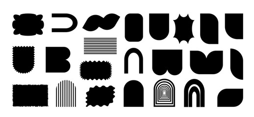 Collection of black brutal contemporary elements flower star oval circle heart and other shapes. Abstract geometric Y2K Brutalist colorful shapes. vector