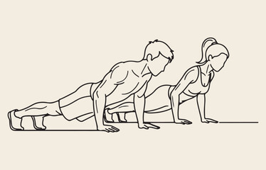 A minimalist line art illustration featuring a simple couple figure performing a push-up exercise.