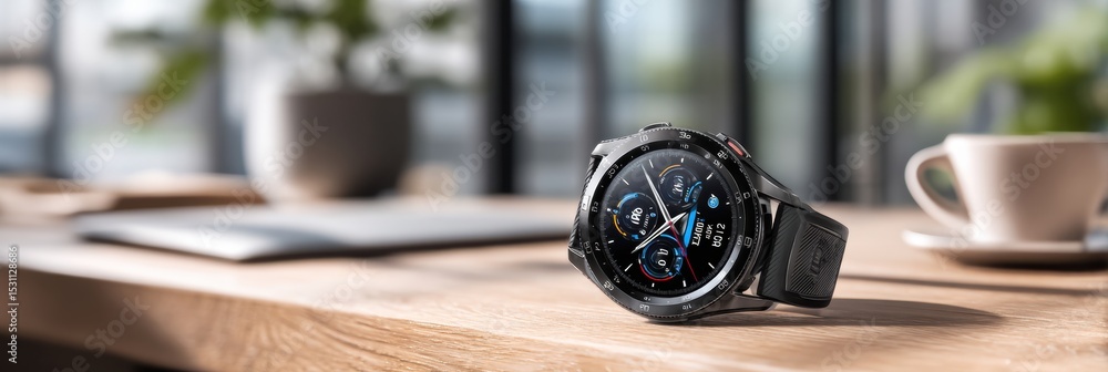 Poster smartwatch displaying vision tracking app on modern desk with free left margin, perfect for producti