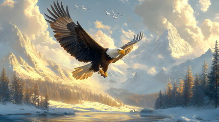 Majestic eagle soaring over a winter landscape.
