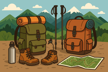 Hiking Gear Essentials. Adventure travel preparation. Vector illustration of hiking gear, backpacks, water bottles, and trail maps