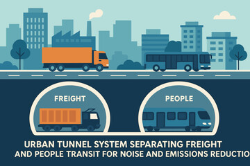 Urban Transit Separation. Vector illustration of urban tunnel system separating freight and people transit for noise and emissions