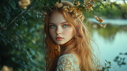 A young woman with red hair and blue eyes, wearing a floral crown, stands near a serene lake surrounded by lush greenery.