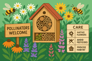 Endangered Insect Garden. Vector illustration of endangered insect garden with bee hotel, native flowers, “Pollinators welcome”