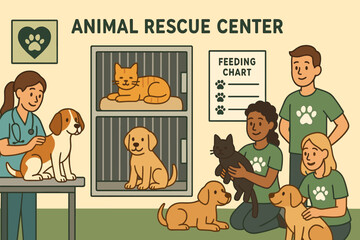 Fototapeta premium Animal Rescue Center. Vector illustration of animal rescue center with veterinary care, recovery cages, feeding charts, and