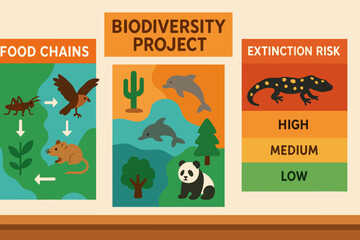 Obraz premium Classroom Biodiversity Maps. Vector illustration of classroom biodiversity project showing food chains, habitats, and extinction