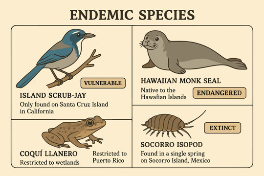 Endemic Species Guide. Vector illustration of endemic species field guide for local regions with drawings, descriptions, and