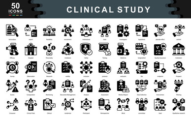 The Clinical Study bkack icon set highlights essential elements of scientific trials and medical research.ideal for illustrating protocols, data validation, risk evaluation, and regulatory compliance.
