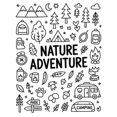 a whimsical hand-drawn doodle collection celebrating nature and outdoor adventures with playful 'nature adventure' lettering