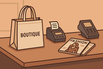 Boutique Checkout Counter. Vector illustration of boutique checkout counter with fabric shopping bag, receipt printer, and fashion