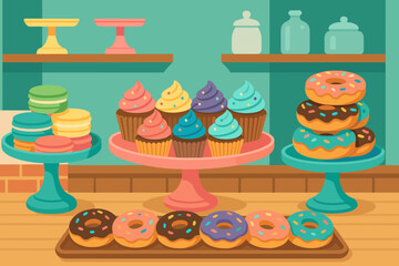 Bakery Counter Delights. Vector illustration of vibrant bakery counter with cupcakes, donuts, macarons, and pastel cake stands