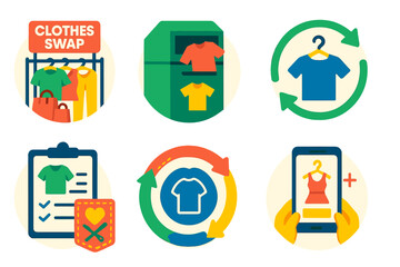 Circular Fashion Icons. Isometric flat vector set of illustrations of circular fashion elements: clothes swap station, textile